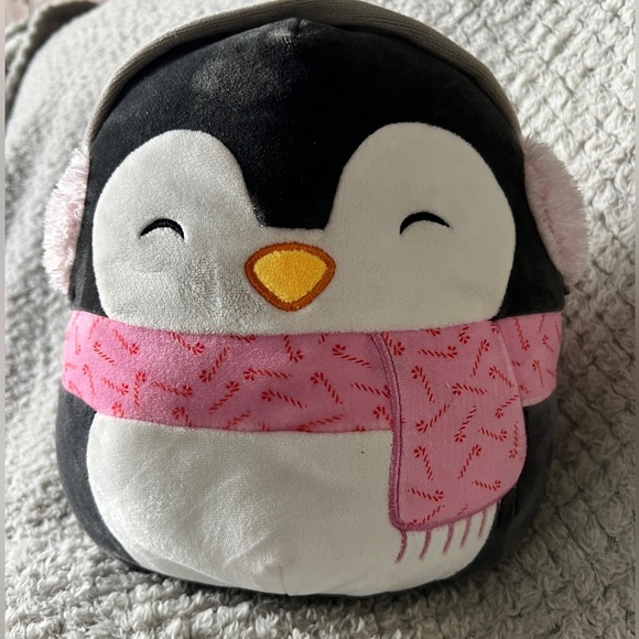 Squishmallows Other - Squishmallow Plush Penguin Pink Candy Cane Scarf Ear Muffs 10” Christmas